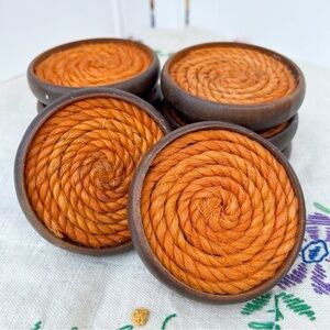 Vintage MCM Wood Orange Rope Round Coaster Set of 8